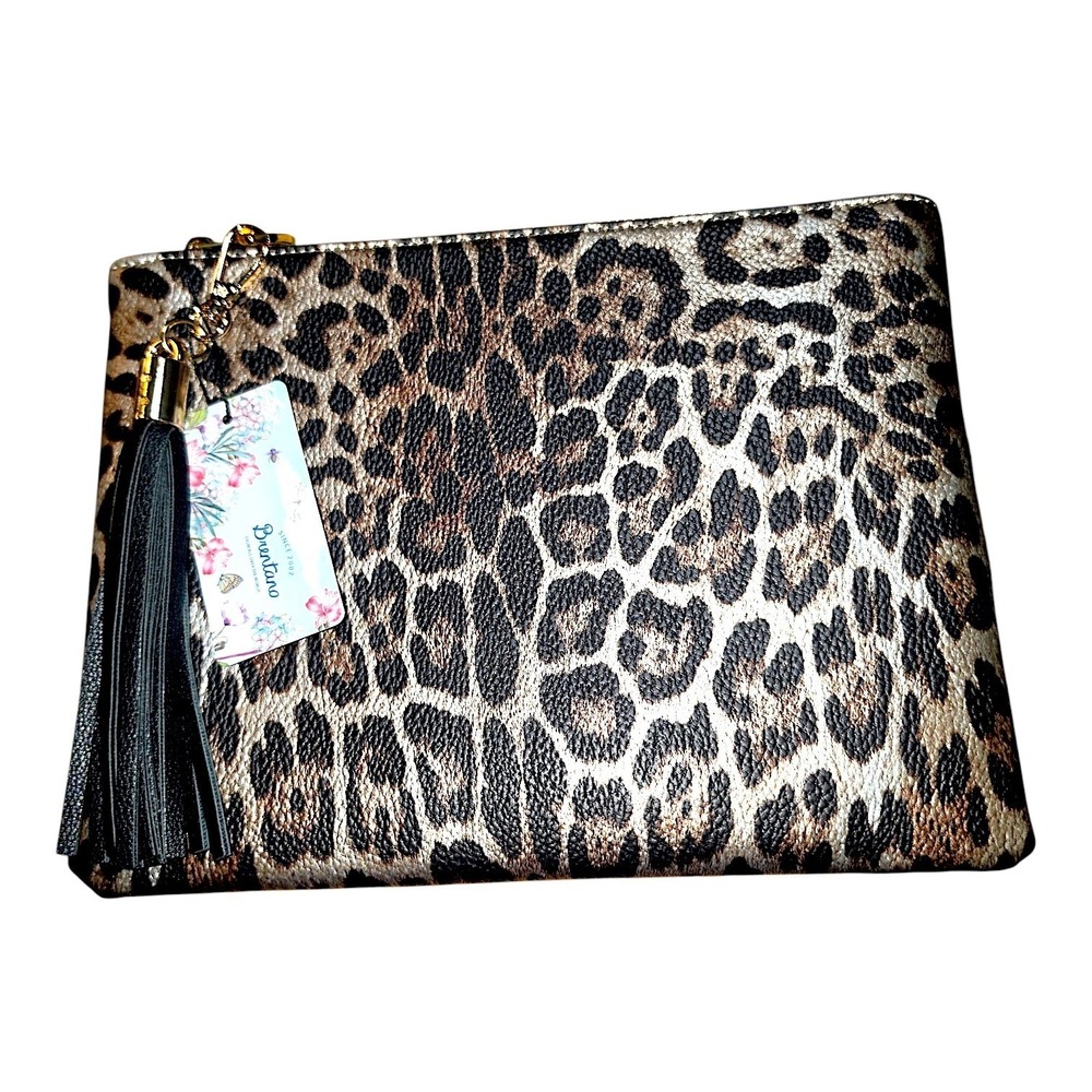 Brentano Leopard Print Tassel Clutch Bag Vegan Leather Animal Print NWT